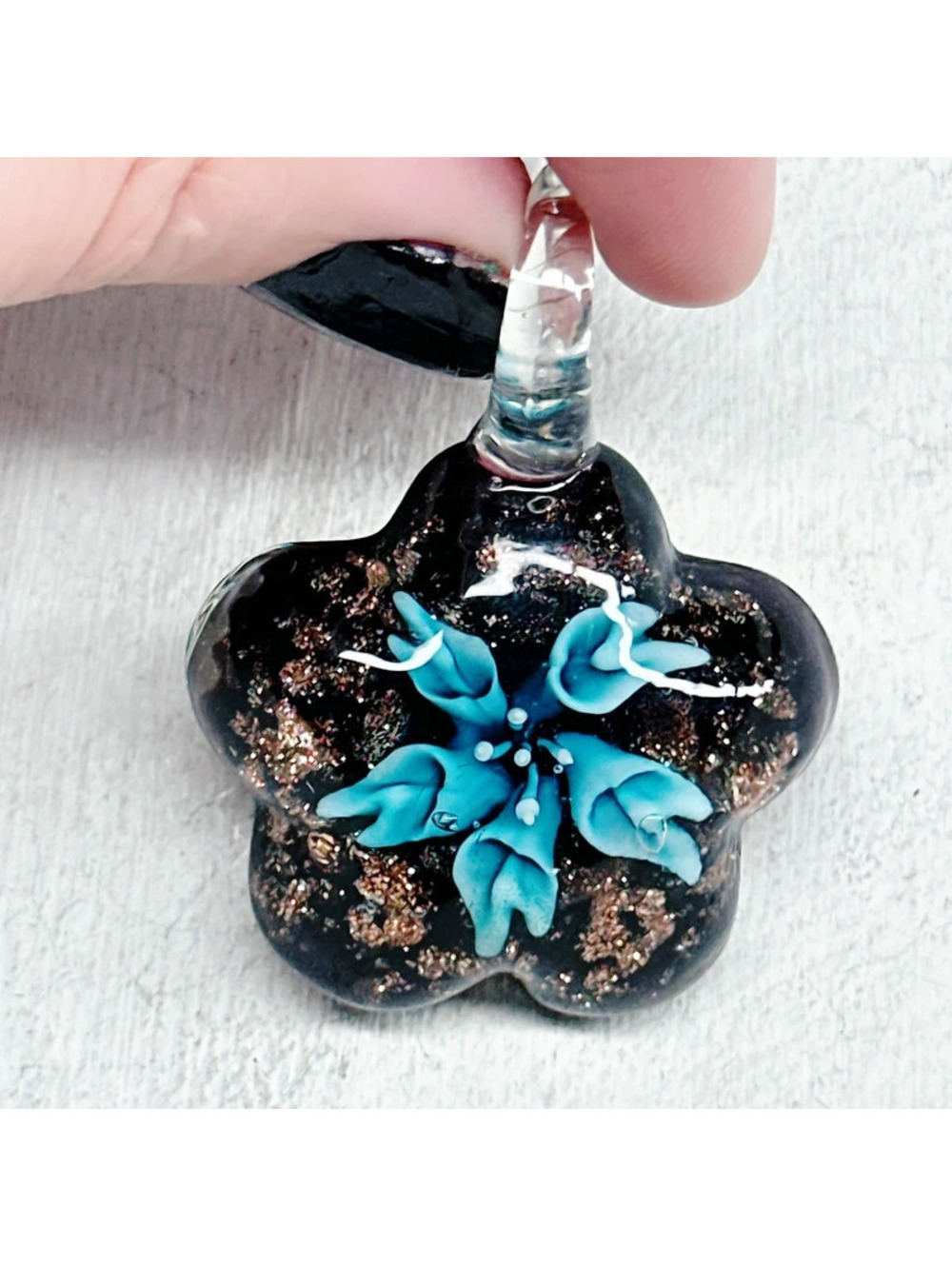 349u. Blue Flower Art Glass Pendant